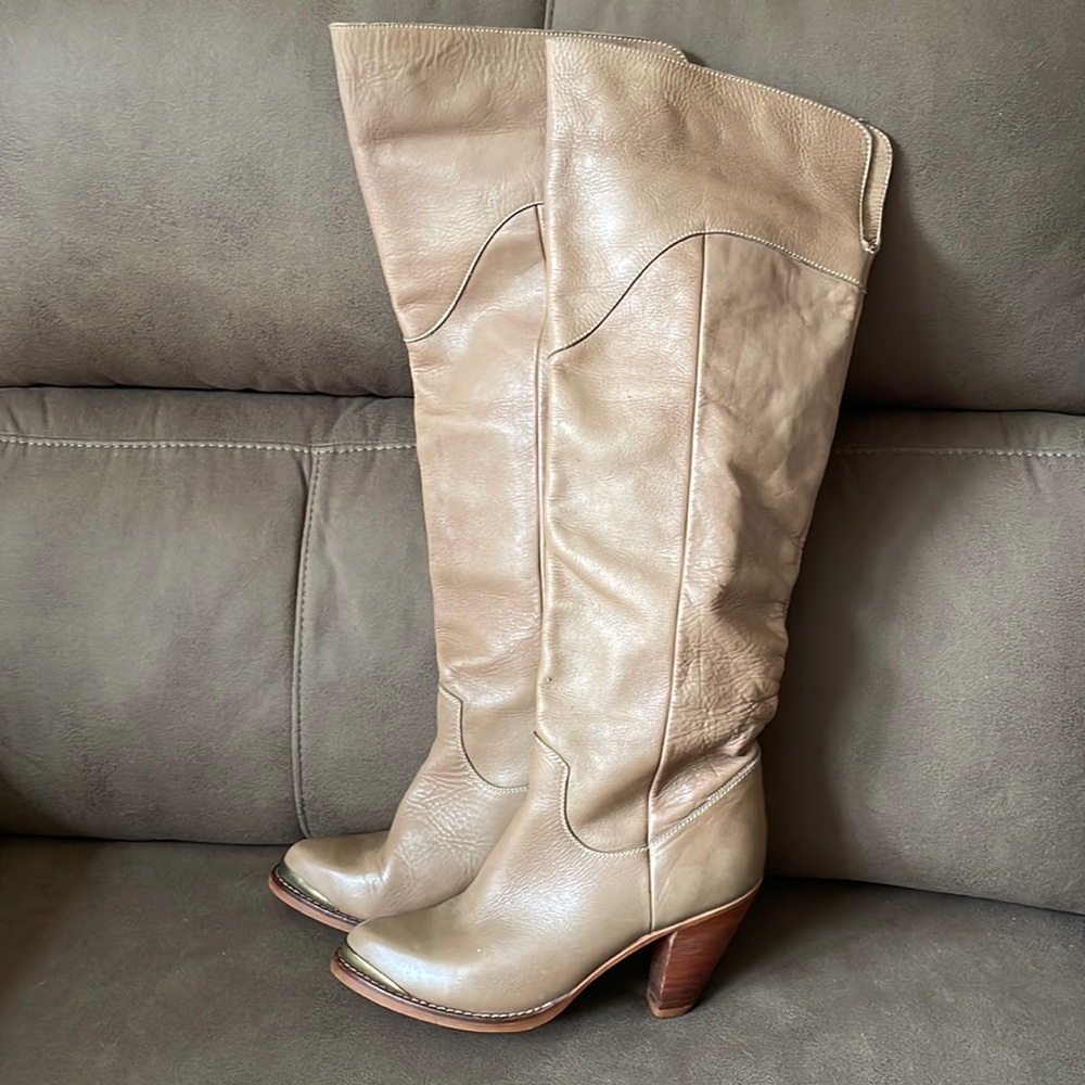 Circle S Made in Brazil Taupe Leather Knee High Heeled Boots